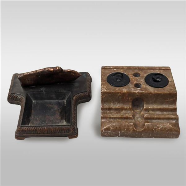 Pair Of Old Desk Accessories, A Classic Art Deco Marble Inkwell And A Unusual Copper Dresser Tray