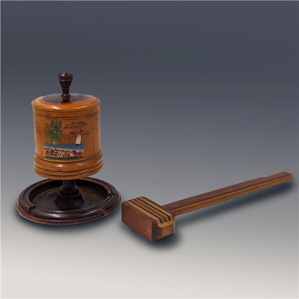 Pair Of Vintage Carved Wooden Items, A Wooden Mallet And A Signed Cigarette Holder / Ashtray