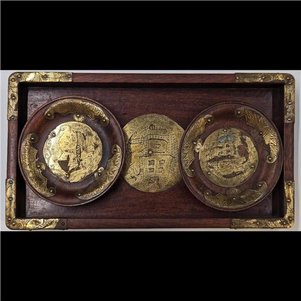 Pair Of Chinese Hardwood (Possibly Huanghauli) Plates With Brass Decorations And Matching Tray