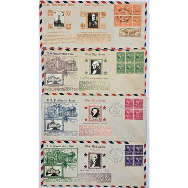 Set Of 4 U.S Presidential Issue First Day Covers Adams Jefferson Franklin & Washington