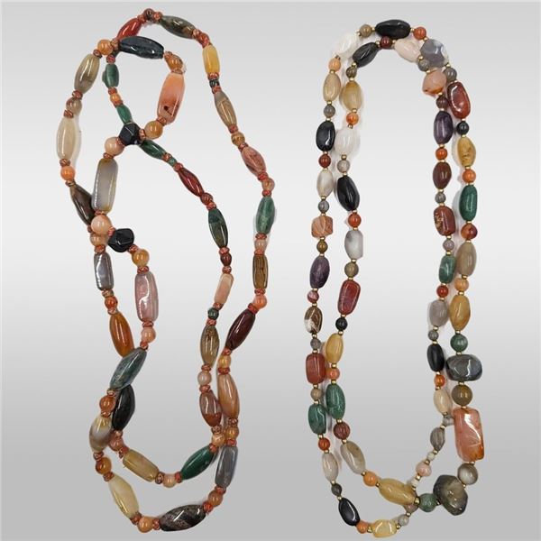Pair Of Large Carved And Polished Precious Stone Beaded Necklaces