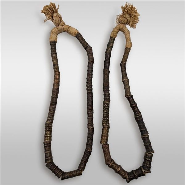 Pair Of Vintage African Bronze Tube Bead And Straw Necklaces