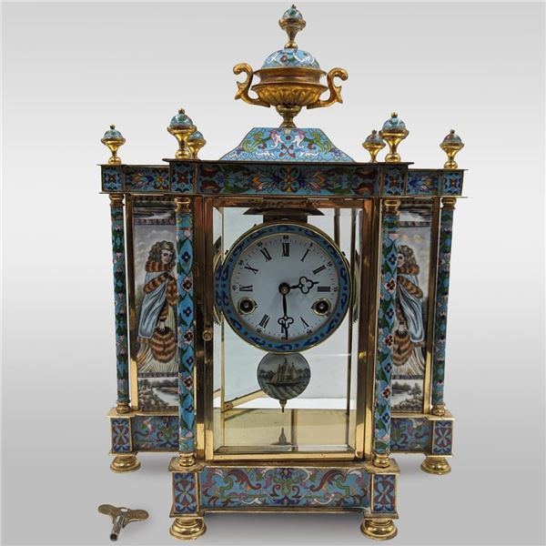 A Fine Cloisonne Clock With Hand painted Enamels ( Clock Runs )