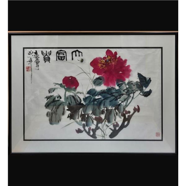 Chinese Ink And Watercolor Painting With Calligraphy And Seal Marks
