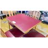 Image 2 : RED & OAK SINGLE PEDESTAL CAFE TABLE 30"W X 24"D X 30"H WITH 4 WOOD FRAMED CAFE CHAIRS