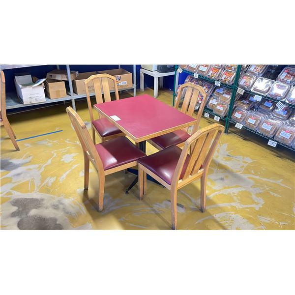 RED & OAK SINGLE PEDESTAL CAFE TABLE 30"W X 24"D X 30"H WITH 4 WOOD FRAMED CAFE CHAIRS