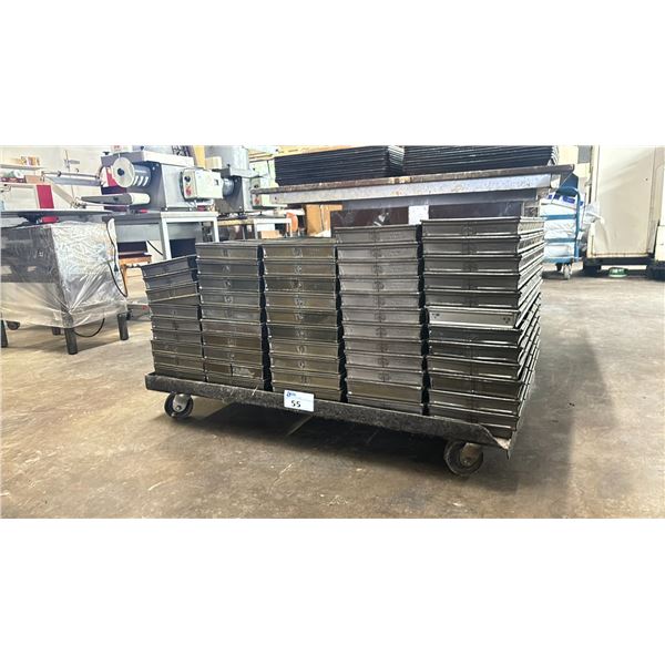 4 WHEEL TRANSPORT CART WITH LARGE QUANTITY OF METAL 5 LOAF COMMERCIAL BREAD PANS