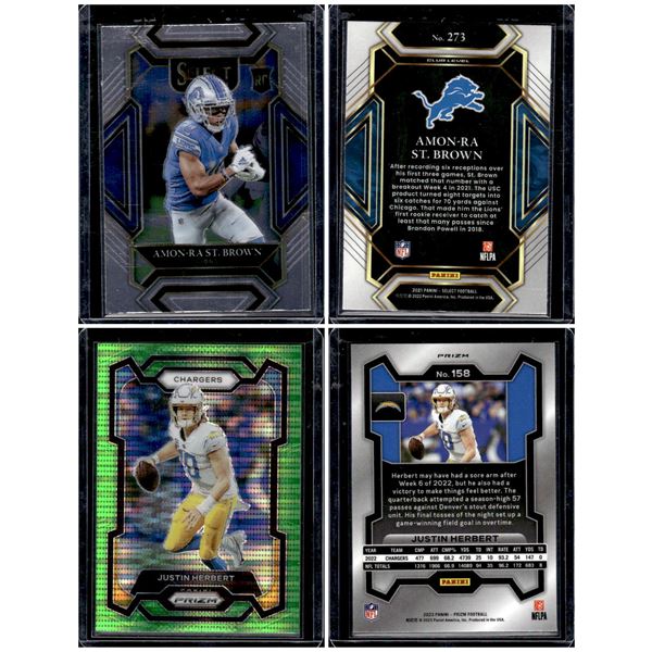 Amon-Ra St. Brown RC Select Club Level & Justin Herbert Prizm Neon Green Pulsar