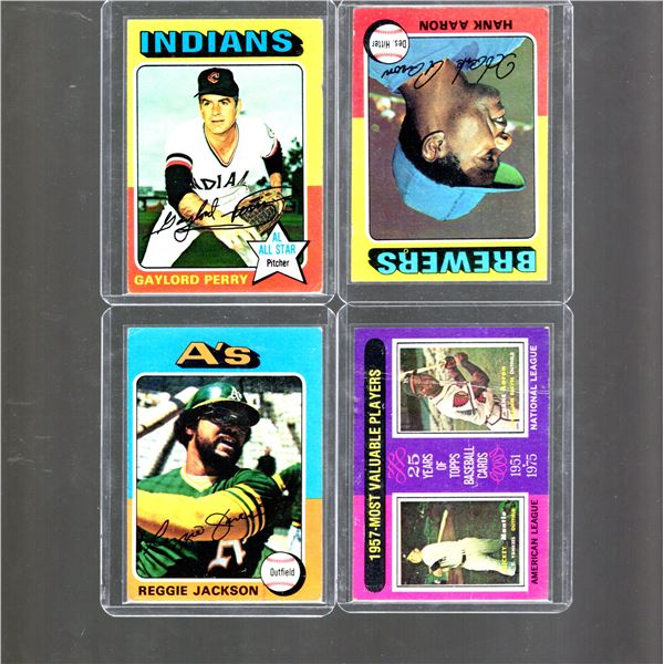 1975 Topps: Hank Aaron, Reggie Jackson, '57 MVP (glue stains on back), & Gaylord Perry
