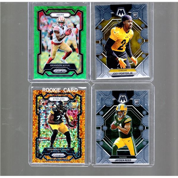 Brandon Aiyuk Green Wave, Joey Porter, Jr. Mosaic RC, Broderick Jones RC Orange Disco Prizm, & Jayde