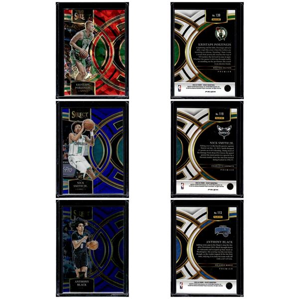 Kristaps Porzingis Premier Red Cracked Ice, Nick Smith, Jr. Premier RC, & Anthony Black Premier RC.