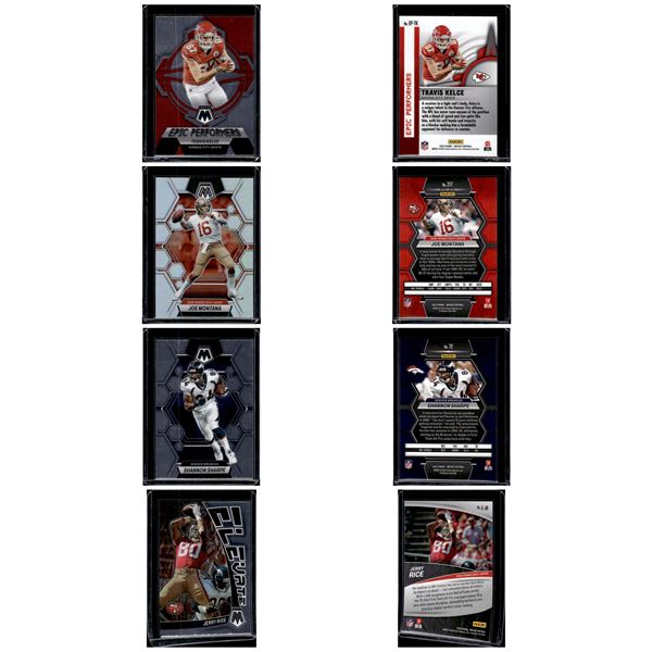 Travis Kelce Epic Performers Insert, Joe Montana Mosaic Silver Prizm, Shannon Sharpe Mosaic, & Jerry