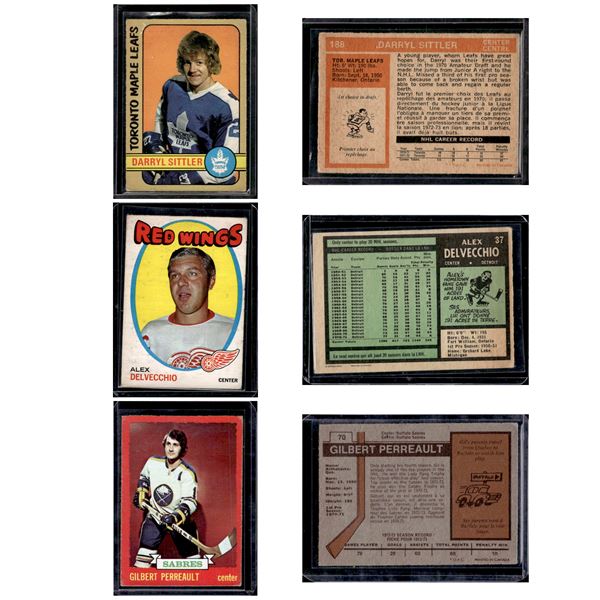 Gilbert Perreault 1973 O Pee Chee #70, Alex Delvecchio 1971 O Pee Chee #37, & Darryl Sittler 1972 O 