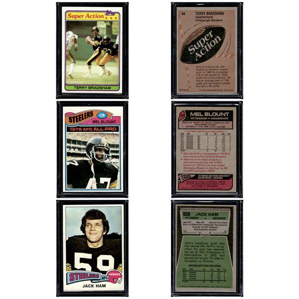 3 Topps Steelers Vintage Cards. Bradshaw 1981, Blount 1977, Ham 1975