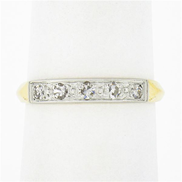 Antique 14k Yellow Gold w/ Palladium Top 0.20 ctw Pave Diamond Wedding Band Ring