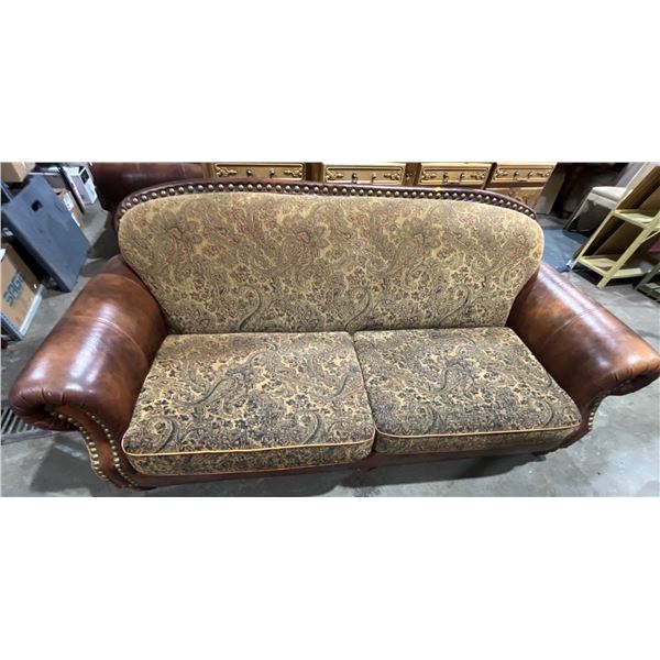 Floral Fabric and Leather Sofa 86.5Lx39Dx36H seat height 17.5H