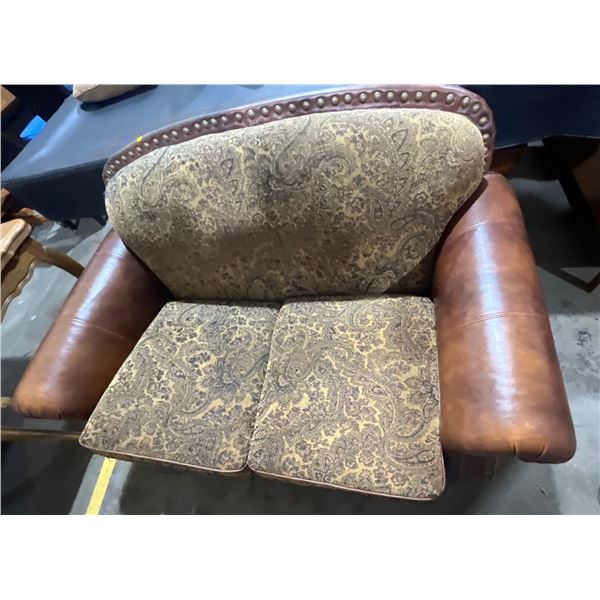 Floral Fabric and Leather Loveseat 62Lx39Dx36H seat height 17.5H