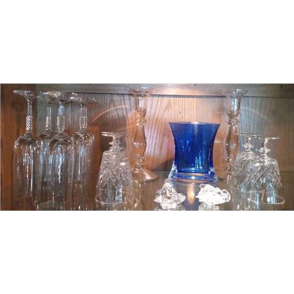 Various Crystal Glasses, Blue Vase and 2 Crystal Wing Stoppers