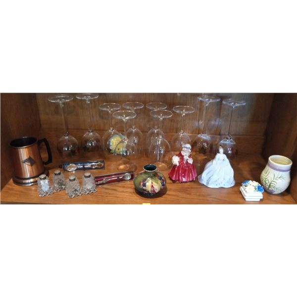 Collection of Salt and Pepper Shakers, Wine Glasses, Silver Spoons and 2 Lady Figurines