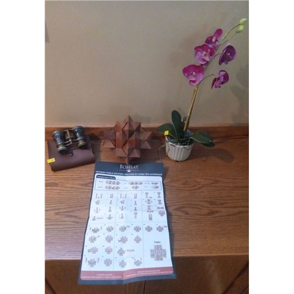 Collection of a Puzzle, Antique Open Glasses and Silk Flowers
