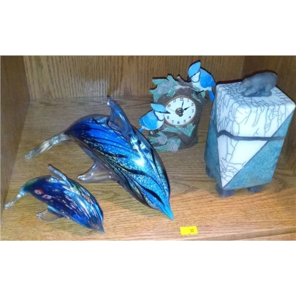 Collection of Dolphin Figurines, Blue Jay Clock and Bear Vase