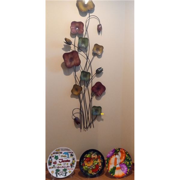 Metal Flower Wall Hanging and 3 Plates