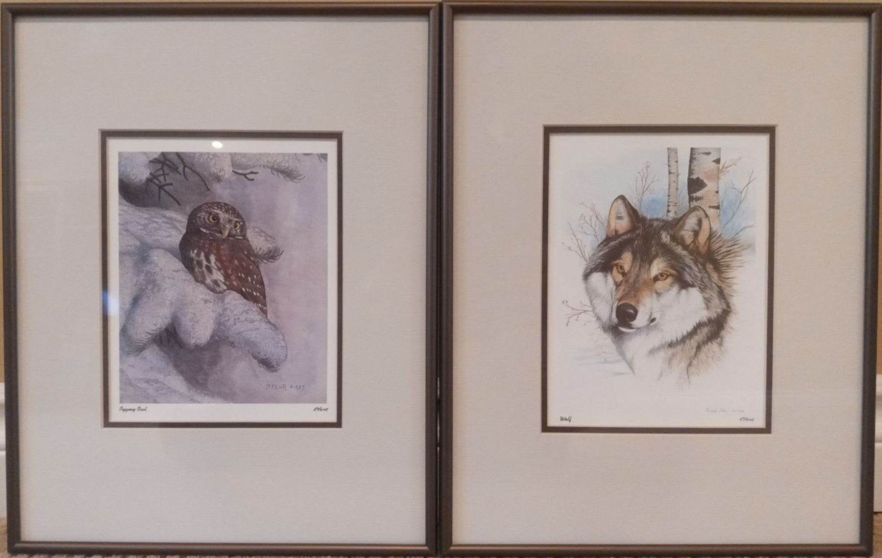 Artist R Fehr Animal Prints - Owl and Wolf (R. Fehr - Beck Auctions Inc.