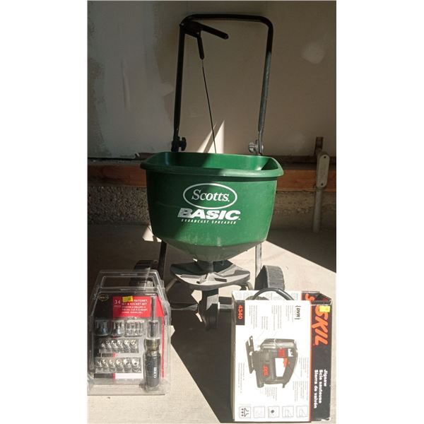 Skill Jigsaw, 34 Piece Ratchet and Bit Socket Set and Fertilizer Spreader