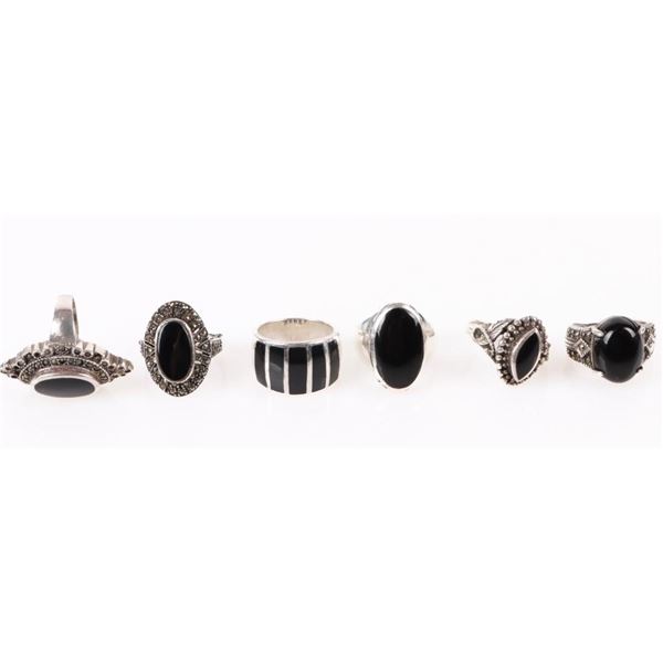 BLACK ONYX STERLING SILVER LADIES RINGS - (6)