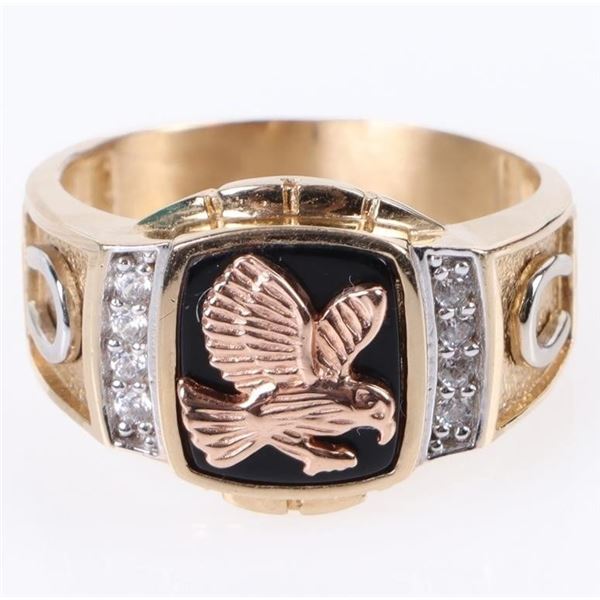 14K YELLOW GOLD EAGLE ONYX CZ MEN'S RING