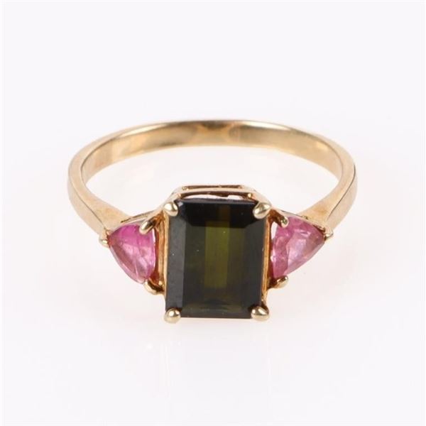 14K YELLOW GOLD JADE & TOURMALINE LADIES RING