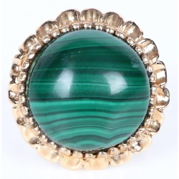 14K GOLD MALACHITE ROUND CABOCHON RING