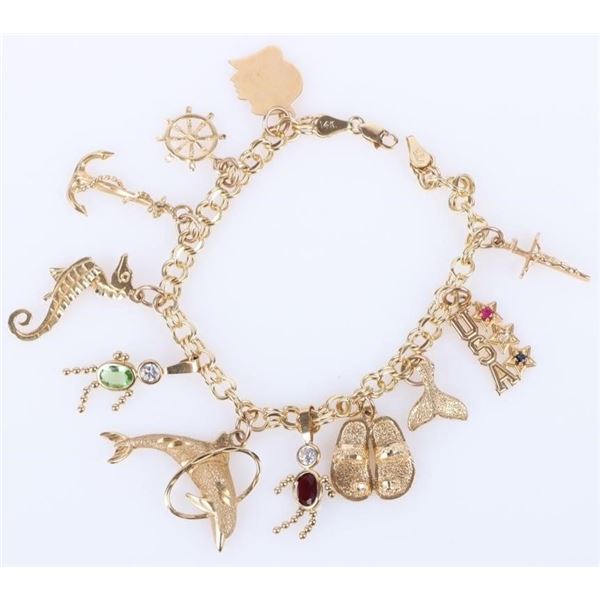 14K YELLOW GOLD LADIES BEACH CHARM BRACELET