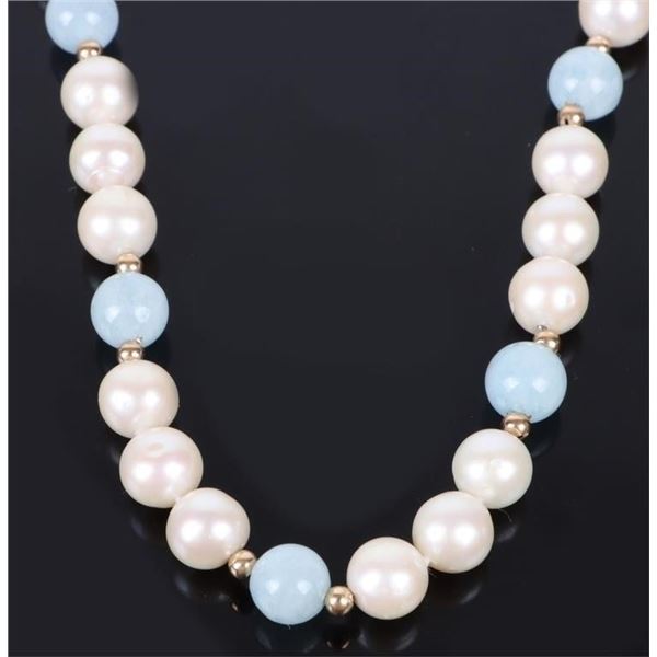 14K YELLOW GOLD PEARL & JADE NECKLACE 18"