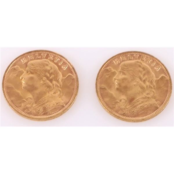 1947 90% GOLD COINS 20 FRANCS SWISS HELVETIA