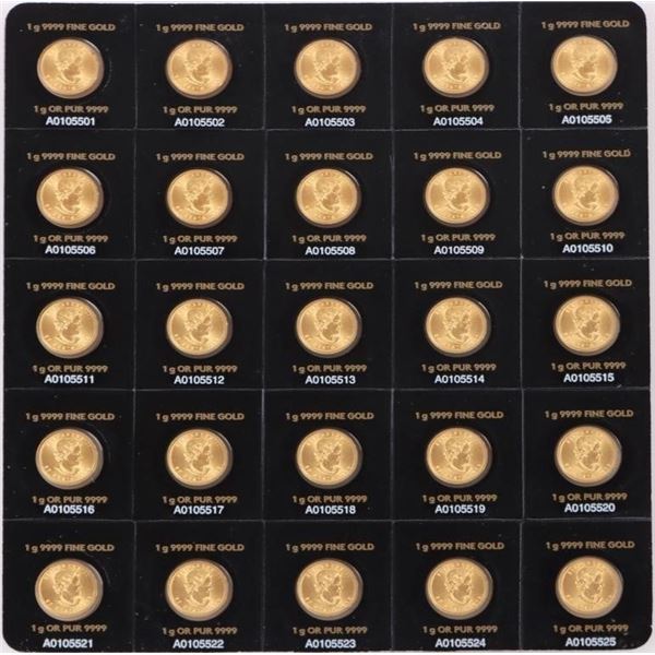 .999 FINE GOLD CANADIAN MINT 1.0G MAPLE COINS X 25