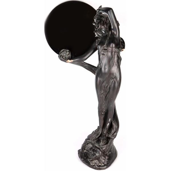 BRONZE CERAMIC LADY STATUE HOLDING MIRROR