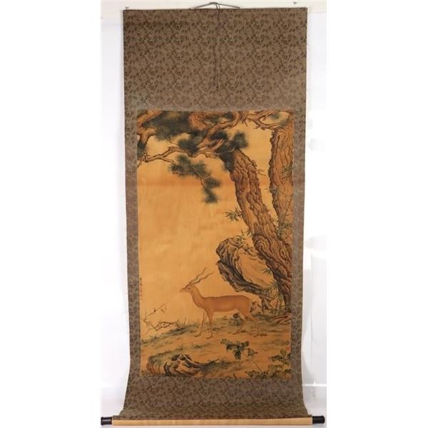 ANTIQUE WATERCOLOR HUAGASHAN PINE & GAZELLE SCROLL