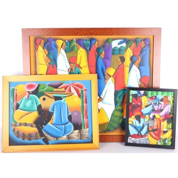 SIGNED ORIGINAL HAITIAN MARKET OIL PAINTINGS - (3)