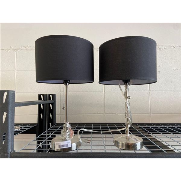 Lot of 2 brushed silver lamps with black lamp shades and pull down switches