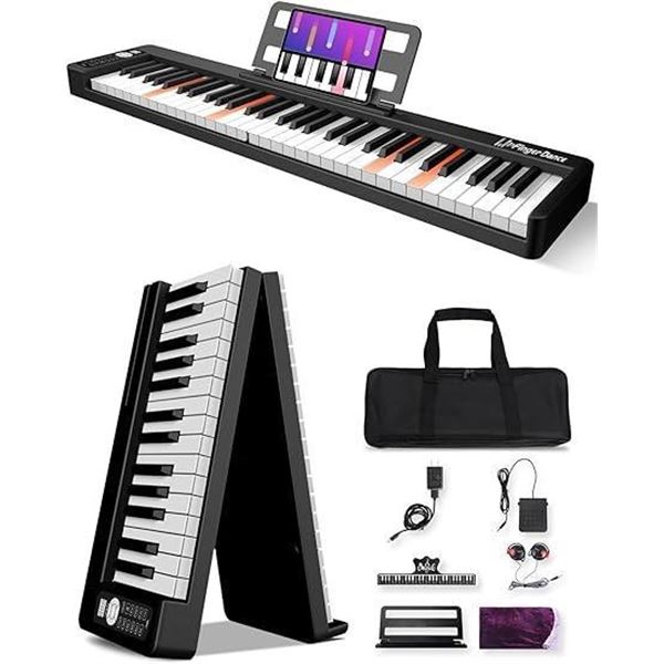 Finger Dance 61 Key Keyboard with Lighted Keys, Folding Piano, Semi Weighted Keys Portable Piano, Bl