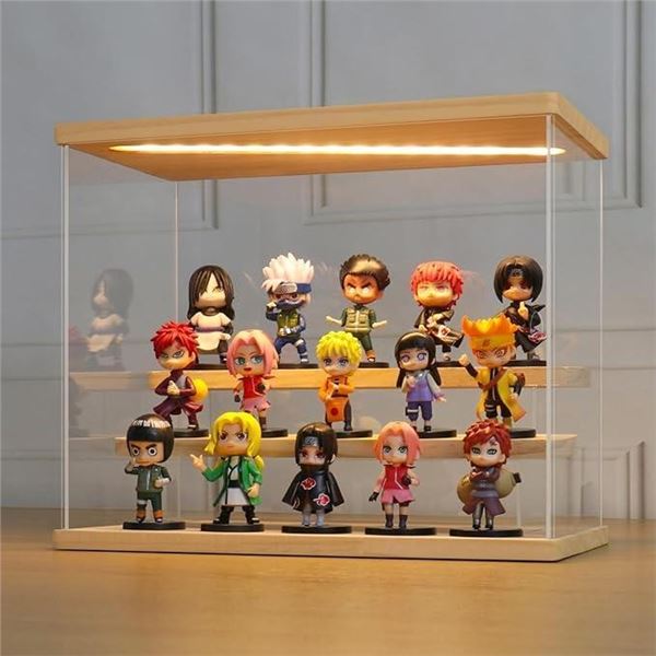 LANSCOERY Clear Acrylic Display Case with Light for Collectibles, 3 Tier Wood Base Assemble Box Coun