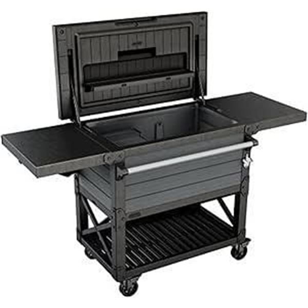 Keter 89.8 Quart Standing Rolling Patio Outdoor Cooler and Insulated Beverage Cart with Fold Down Gl