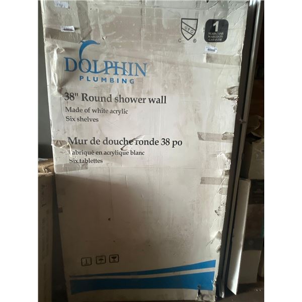 Dolphin Plumbing 38" Round Shower Wall; White Acrylic with Six Shelves