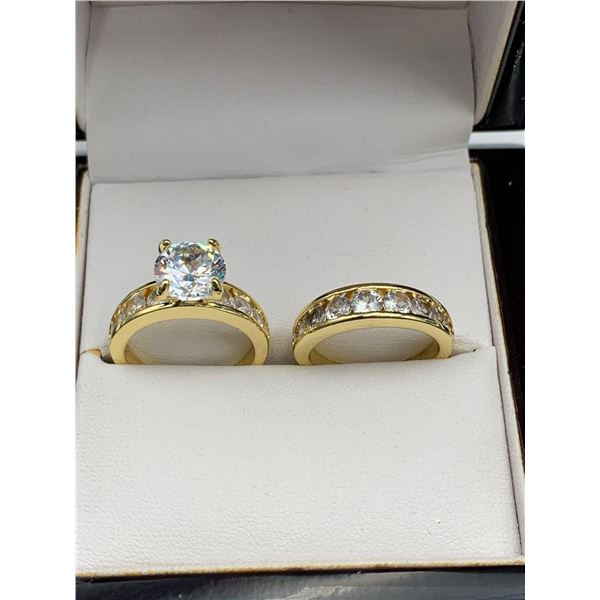 Ladies 14K GP Bezel Set 1.0 Carat Solitaire Brilliant Cut Double Ring Wedding Set