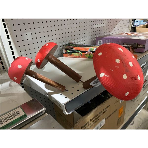 Lot of 3 Locally Handcrafted Wooden Garden Mushrooms