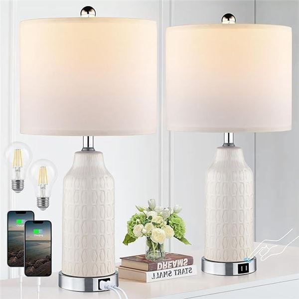 Modern Ceramic Table Lamps for Bedroom Set of 2,Touch Lamp with USB Ports for Nightstand, 3-Way Dimm
