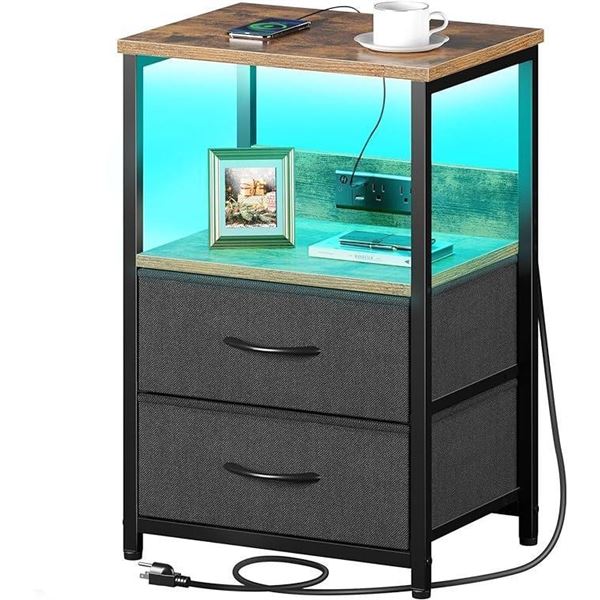 Seventable Nightstand with Charging Station, Bedside table with LED Lights, Night stand with 2 Fabri