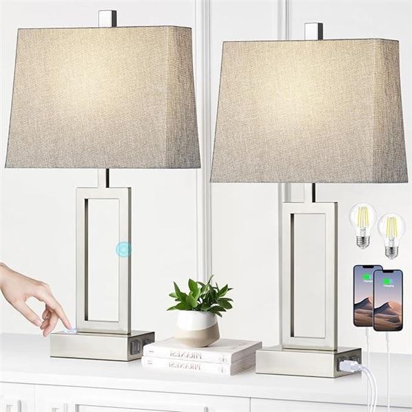 23.5" Touch Control Table Lamps, Metal Bedside Lamp for Bedroom Set of 2 with USB A+C Ports & AC Out