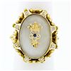 Image 1 : Vintage 18k Gold Oval Cut Frosted Quartz Rock Crystal Diamond & Sapphire Ring